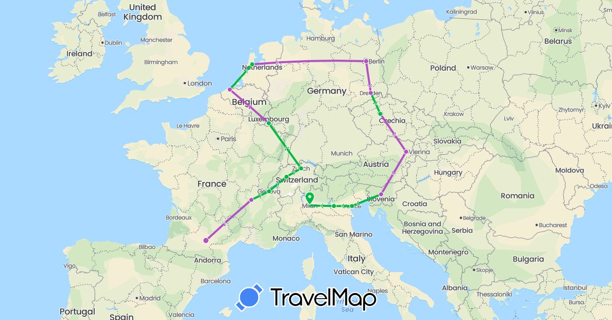 TravelMap itinerary: driving, bus, train in Austria, Belgium, Switzerland, Czech Republic, Germany, France, Italy, Luxembourg, Netherlands, Slovenia (Europe)